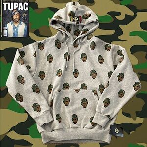 Tupac Cross Colours Hoodie Sweatshirt Size M Gray Green Brown 2Pac Tupac Shakur